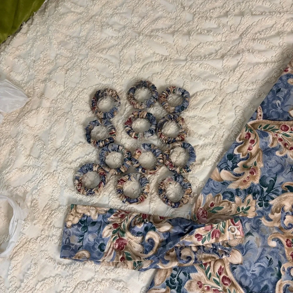 Elegant Blue and Gold Tapestry Fabric Shower Curtain, tie back, fabric rings.